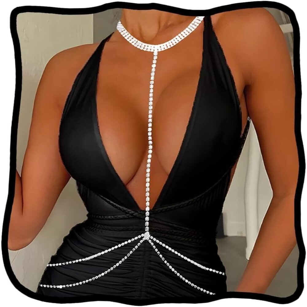 Women's Contemporary Sparkly Rhinestone Bra Silver Chest Bikini Body Chain